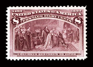 236, 8c Columbian, absolutely perfectly centered amid lavish jumbo margins that are never encountered on this value, sharp prooflike impression on crisp white paper, pristine
o.g., n.h., superb an incomparable gem.Collectors who are seeking t