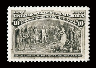 237, 10c Columbian, incredibly well centered within huge jumbo margins which are seldom encountered, gloriously rich color and a razor-sharp impression on immaculate paper, even
its perforations are unusually full and intact all around, o.g., n.