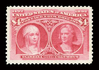 244, $4.00 Columbian, fabulously well centered amid the most immense jumbo margins imaginable, rich color and a wonderful impression, especially clean full o.g. that has been
only very lightly hinged, an extremely fine gem.This stamp boasts ma