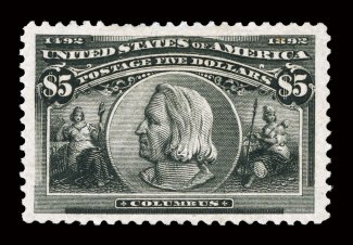 245, $5.00 Columbian, extraordinarily well centered within extravagantly large margins, intense color and a crisp prooflike impression, especially clean full o.g., lightly
hinged, extremely fine.Five Dollar Columbians are seldom encountered wi