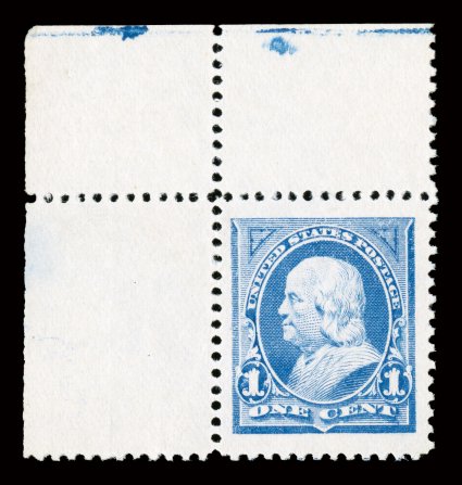 246, 1c Ultramarine, a striking top left corner sheet-margin single, possessing margins of enormous size and being incredibly well centered within them, rich color on bright
paper, o.g., n.h., tiny bit of natural short gumming at top left mentio
