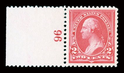 250, 2c Carmine, Ty. I, gem left sheet-margin plate no. 96 single, virtually perfect centering within unusually wide margins, intensely rich color and impression on bright
paper, immaculate o.g., n.h., extremely fine a handsome stamp 1998 PF c