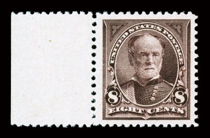 257, 8c Violet brown, an eye-arresting left sheet-margin mint single, being extraordinarily well centered amid gigantic jumbo margins all around, sumptuously rich color and a
deeply etched impression on bright paper, pristine o.g., n.h., an extr