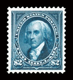 262, $2.00 Bright blue, magnificently centered amid immensely large margins which are almost never seen on this very scarce stamp, incredibly deep rich color which is more
reminiscent of its dark blue watermarked counterpart, razor-sharp impress