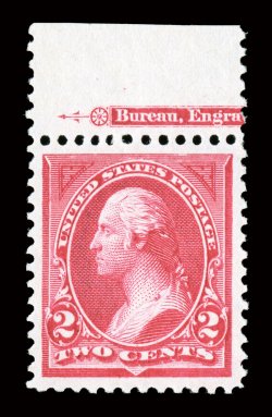 265, 2c Carmine, Ty. I, flawless top sheet-margin partial imprint single, virtually perfectly centered amid huge margins for this value, absolutely radiant color, o.g., n.h.,
extremely fine a pristine gem for the perfectionist 1992 PF certific
