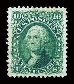 68, 10c Yellow green, a phenomenal mint example, possessing numerous outstanding physical characteristics, including being absolutely perfectly centered amid extravagantly large
margins, strikingly intense color in a deep shade, plus its impress