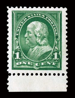 279, 1c Deep green, a mind-boggling mint single of immense proportions, being a bottom sheet-margin example sporting the most enormous margins imaginable, and quite remarkably
it is incredibly well centered within them, intense color, o.g., n.h.