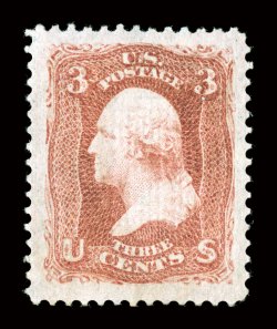 94, 3c Red, F grill, incredibly well centered amid the most gigantic margins imaginable, strong easily identifiable grill points, especially clean full o.g. that has been only
lightly hinged, an extremely fine gem.The margins of this stunnin