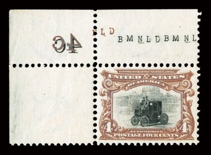296, 4c Pan-American, an impressive top left corner sheet-margin mint example, flawlessly centered within large margins for this typically tightly margined issue, deep luxuriant
colors, o.g., n.h., extremely fine seldom encountered in this gem