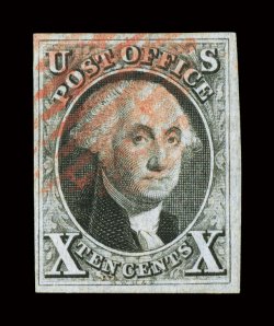 1, 2, 5c Red brown and 10c Black, used, both with large margins all around, strong colors and impressions, 5c with blue grid cancel, 10c with red grid cancel, each with a
minor flaw, very fine appearance.