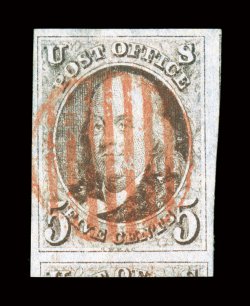 1, 5c Red brown, large to huge margins all around, including showing just a portion of the adjoining frame line at right, plus a full 2mm of the adjoining stamp at bottom,
gorgeous intense color in the red brown shade and a remarkably detailed i
