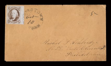 1, 5c Brown, rich sheet-margin example tied to cover by Downington, Penn. c.d.s. with manuscript date, other three margins large, strong rich color in the brown shade, crisp
impression as well, stamp with a light internal wrinkle, otherwise extr