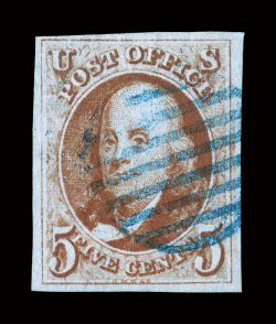 1b, 5c Orange brown, lovely used example showing deep characteristic color of the scarcer orange brown shade, sharp impression, large to very large margins, all complemented
by a clean blue grid cancel, extremely fine and handsome a choice exam