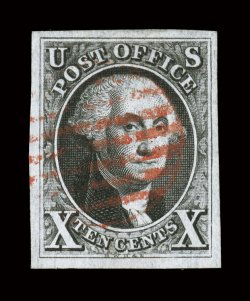 2, 10c Black, a superb used example that possesses tremendous eye-appealing physical qualities, not the least of which are its four large and well balanced margins, but
equally impressive is this stamps intense color and incredibly detailed imp