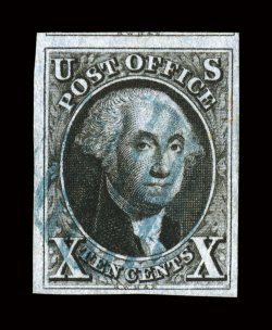 2, 10c Black, premium used example, featuring four large to exceptionally large margins, including showing a bit of the adjoining stamp at top, wonderfully intense early color
and a razor-sharp impression on fresh paper that still retains its fu