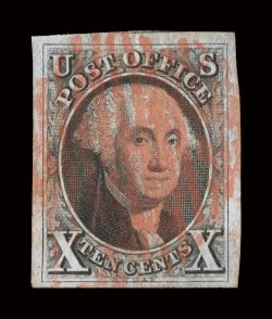 2, 10c Black, a most impressive used example, with four large to extra-large margins, strong color and a well incised impression, bright red grid cancels, extremely
fine.
