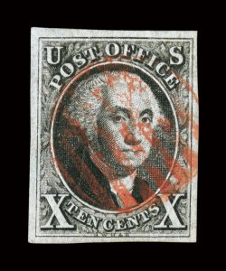 2, 10c Black, select used example, large well balanced margins all around, deep rich color and an especially well defined impression on fresh paper, light strike of a red grid
cancel, extremely fine and handsome 2004 PF certificate.