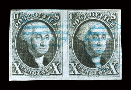 2, 10c Black, rare used horizontal pair, full to large margins around except just touching the frame line at top left, strong color, light blue grid cancels, faint horizontal
crease, otherwise very fine clear 1983 PF certificate and a 2008 PF c