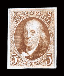3, 5c Red brown reproduction, without gum as issued, four large margins, lovely color in an especially bright shade, crisp impression on fresh paper, choice very fine 1987 PF
certificate.
