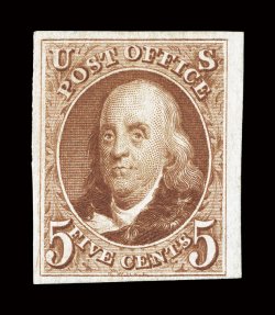3, 5c Red brown reproduction, without gum as issued, four margins ranging from full to extra-large, bright fresh color, very fine.