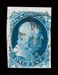 5A, 1c Blue, Ty. Ib, position 9R1E, a fabulous used example of this classic rarity, boasting the most incredible overall eye-appeal of any we have offered in years, with large
to extra-large margins all around, including a partial sheet margin a