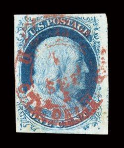 7, 1c Blue, Ty. II, pos. 4L2, extravagantly large margins all around, showing portions of two adjoining stamps, lovely rich color and impression on bright paper, unobtrusive
central red carrier postmark, extremely fine and quite colorful 19