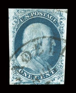 7, 1c Blue, Ty. II, used, exceptionally large margins all around, strong rich color and a highly detailed impression, light Philadelphia town cancel, extremely fine 2008 PSE
certificate (XF 90 SMQ $405.00).