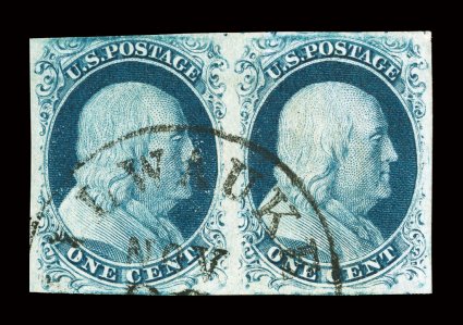 7, 1c Blue, Ty. II, used horizontal pair, particularly large margins showing the complete design, deep luxuriant color, neat Milwaukee, Wisconsin c.d.s., extremely fine 1985
PF certificate for strip of three from which this pair was taken.