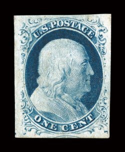 9, 1c Blue, Ty. IV, an especially choice quality mint example, featuring exceedingly wide margins, sumptuously rich color and an excellent impression, full original gum with
just a tiny h.r., extremely fine 1992 PF certificate and a 2007 PSE ce