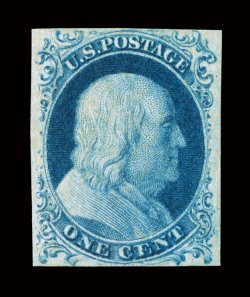 9, 1c Blue, Ty. IV, full to large margins all around, rich bright color and a well defined impression on clean white paper, full o.g., extremely fine 1977, 2002 and 2008 PF
certificates.
