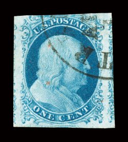 9, 1c Blue, Ty. IV, large to mostly large margins all around including a portion of the adjoining stamp at either side, rich color and a well defined impression, light partial
town cancel, extremely fine 1987 PF certificate.