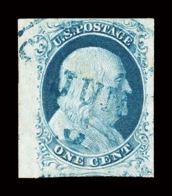 9, 1c Blue, Ty. IV, position 31R1L, striking used example, featuring large margins all around, including a portion of the sheet margin at left and portions of the adjoining
stamp at bottom, deep luxuriant color and a razor-sharp impression, blue