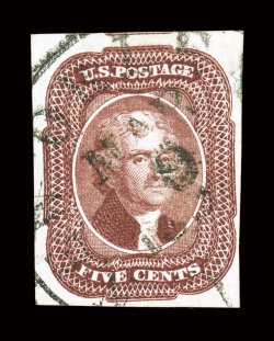12, 5c Red brown, used, full to mostly larger margins all around, including portion of adjacent stamp at top, strong rich color and a crisp impression, black centrally struck
dated New Orleans c.d.s., very fine 2004 PF certificate.