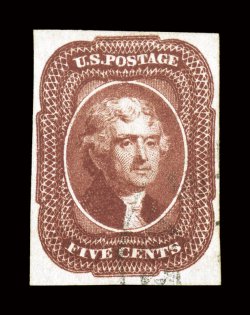 12, 5c Red brown, handsome used example, with four well clear to large margins, deep luxuriant color and impression on bright paper, remarkably light and clean cancel adding
further to its eye appeal, very fine and choice 1987 PF certificate.