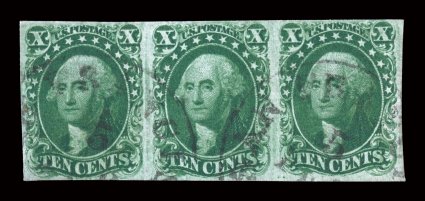 13, 10c Green, Ty. I, used horizontal strip of three, with full to mostly large margins all around, strong rich color and a crisp detailed impression, light San Francisco
c.d.s. postmarks, very fine-extremely fine a rare multiple 2008 PSE cert