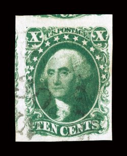 14, 10c Green, Ty. II, used, large to enormous margins all around, including showing portions of the adjoining stamps at both top and at left, strong color and a well defined
impression on bright paper, very light town c.d.s., extremely fine gem