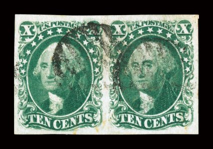 15, 10c Green, Ty. III, choice used horizontal pair, positions 89-90R1, wonderfully well margined all around, bright fresh color and sharp detailed impression, each stamp with
a light strike of a circular grid cancel, extremely fine and handsome