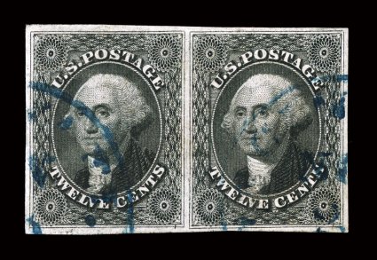 17, 12c Black, a choice quality used horizontal pair of this difficult classic, possessing four margins and a detailed impression, postmarked with two blue town cancels,
extremely fine 2004 PF certificate.
