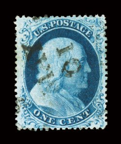 22, 1c Blue, Ty. IIIa, Plate 11, select quality used example, being very well centered and showing a large break in the top frame line, bright color and a clean detailed
impression, May 10 town cancel of Lisbon, New Hampshire with numerals inv