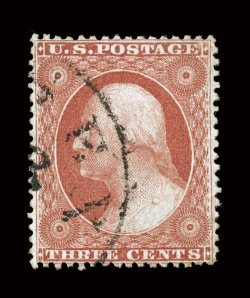 25, 3c Rose, Ty. I, a highly select used example of this impossibly difficult stamp, being in a condition far superior to most existing copies, extraordinarily well centered
within large margins for this value, strong rich color and an especiall