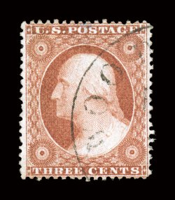 25, 3c Dull red, Ty. I, a highly desirable used single, being extraordinarily well centered within wide margins for this notoriously narrowly spaced stamp, rich color in the
distinctive dull red shade, unusually light town cancel and traces of a