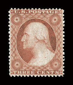 26, 3c Dull red, Ty. II, exceptionally well centered, strong rich color, pristine o.g., never hinged, extremely fine an uncommonly select example 2002 and 2008 PF certificates
(latter grading XF 90 XQ SMQ $570.00 for 90 and $1,150.00 for