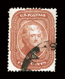 27, 5c Brick red, Ty. I, used, wonderfully well centered and margined, lovely fresh color and a well defined impression, virtually face-free town cancel, current certificate
mentions a natural paper inclusion, extremely fine clear 1989 PF certi