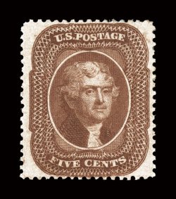 30A, 5c Brown, Ty. II, much better centering and wider margins than typically found, deep intense color and a razor-sharp impression, o.g., extremely fine 2006 PF
certificate.