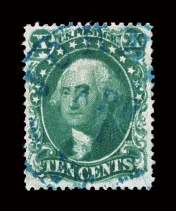 33, 10c Green, Ty. III, a handsome used single, being uncommonly well centered within large margins for this tightly-spaced stamp, deep luxuriant color, neat blue Vermont
c.d.s. town cancel, extremely fine 1981 PF certificate.