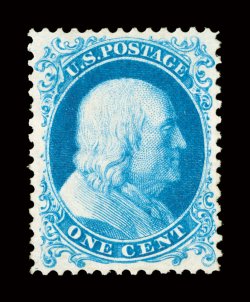 40, 1c Bright blue reprint, without gum as issued, excellent centering though reperforated at bottom, bright and fresh, extremely fine appearance clear 1989 PF certificate and
a 2008 PF certificate.