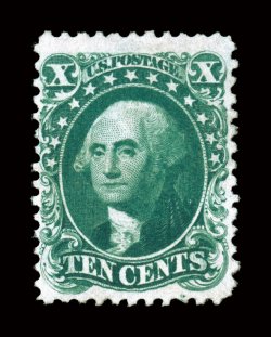 43, 10c Blue green reprint, without gum as issued, unusually well centered within tall margins, strong rich color and a well incised impression on fresh paper, choice very
fine only 516 sold 1992 and 2006 PF certificates.