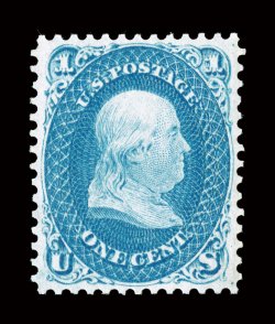 63, 1c Blue, pristine mint single, with rich luxuriant color and a sharp impression on bright white paper, exceptionally well centered, unblemished o.g., n.h., extremely fine
2008 PSE certificate (XF 90 not priced as n.h. in Scott or SMQ).
