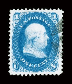 63, 1c Blue, an eye-arresting used example that features not only outstanding centering within large margins, but its color is incredibly intense and vibrant as well, bright
fresh paper, very light face-free cancel at right, extremely fine 2007