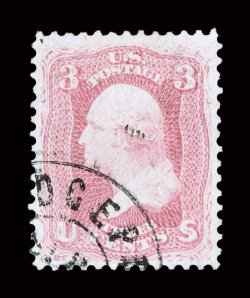 64, 3c Pink, an absolutely gorgeous used example of this challenging and often misidentified stamp, boasting not only outstanding centering amid very large margins, but its
color could not be a more representative shade of pink, being a wonderfu
